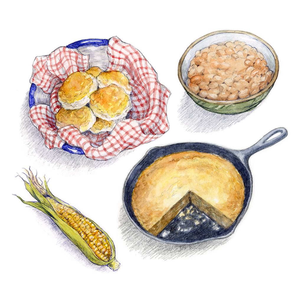 Food illustrations in watercolor by Alice Ratterree of homemade biscuits, corn, pinto beans and baked cornbread in a cast iron pan.